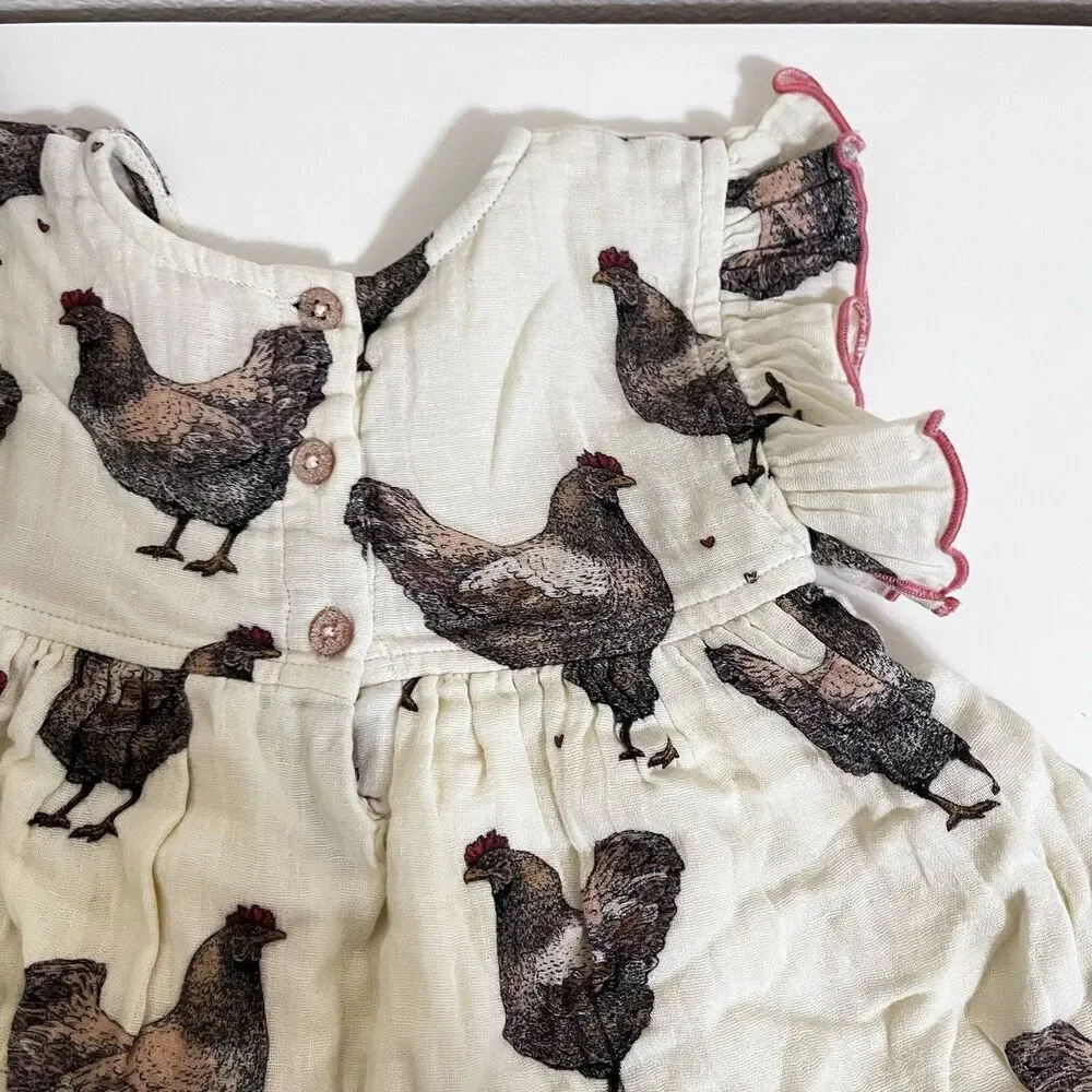 Pink Chicken Dress and Bloomers Set Chickens Print Gauze Girls Size 12-18 Months